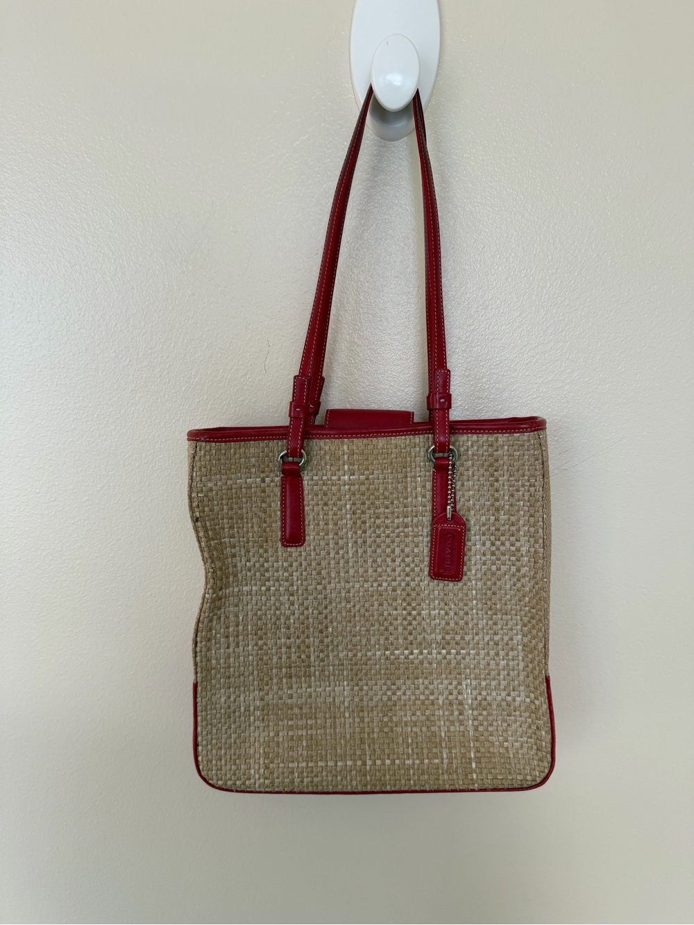 COACH Vintage Cabana Red Leather Woven Straw Shoulder Bag MOK-8157